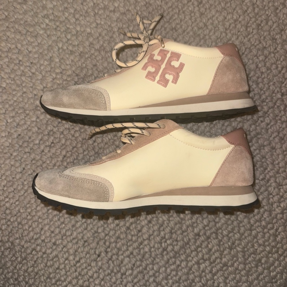 Tory Burch Cream and Pale Pink Suede-Trim Sneakers